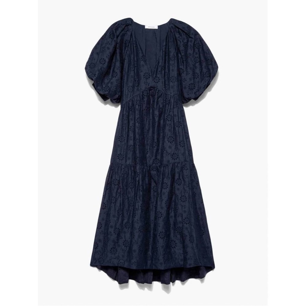 Frame Navy Eyelet PUFF Sleeve Maxi Dress Small Ramie - Picture 6 of 7